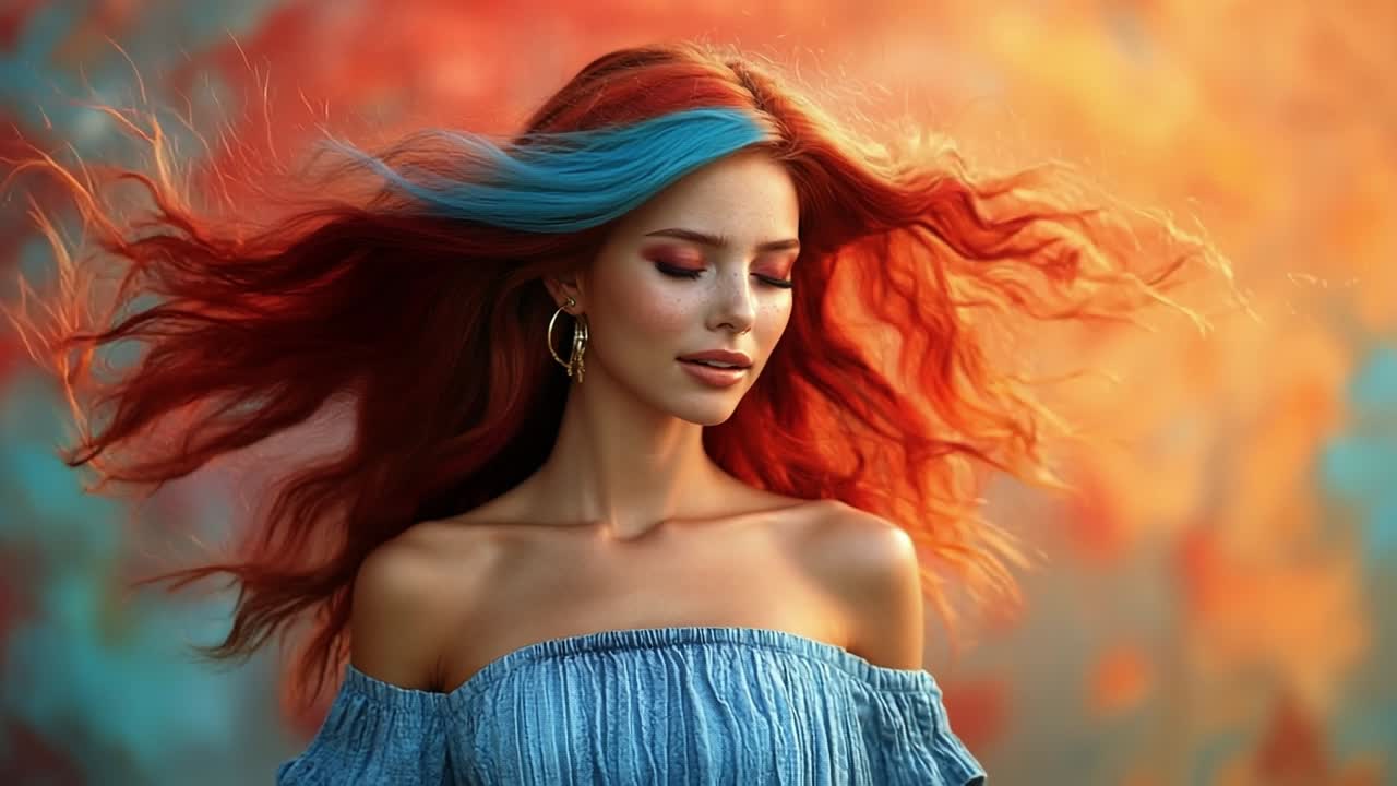 Vibrant-haired woman portrait. A woman stands gracefully with flowing hair, showcasing bold colors. The background features soft, blurred autumn hues.