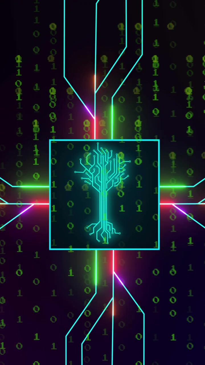 Animation of integrated circuit over binary code on digital screen