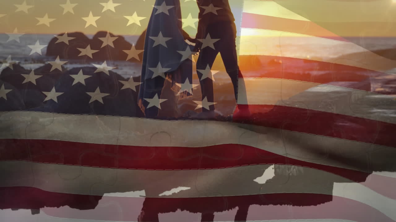 At beach, people with American flag overlay during sunset, creating animation