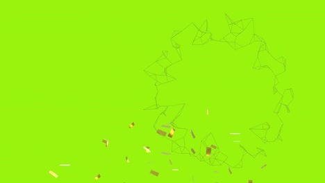 Animation-of-ring-of-network-rotating,-over-gold-confetti-falling-on-green-background