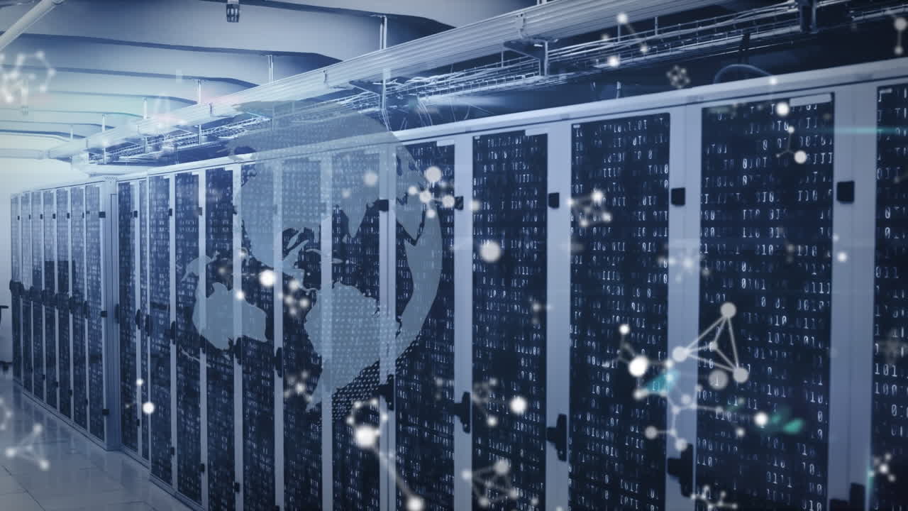 Animation of moving shapes and globe over server room