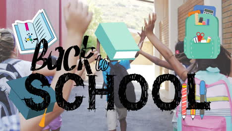 animation of back to school text with school icons over school children running at school