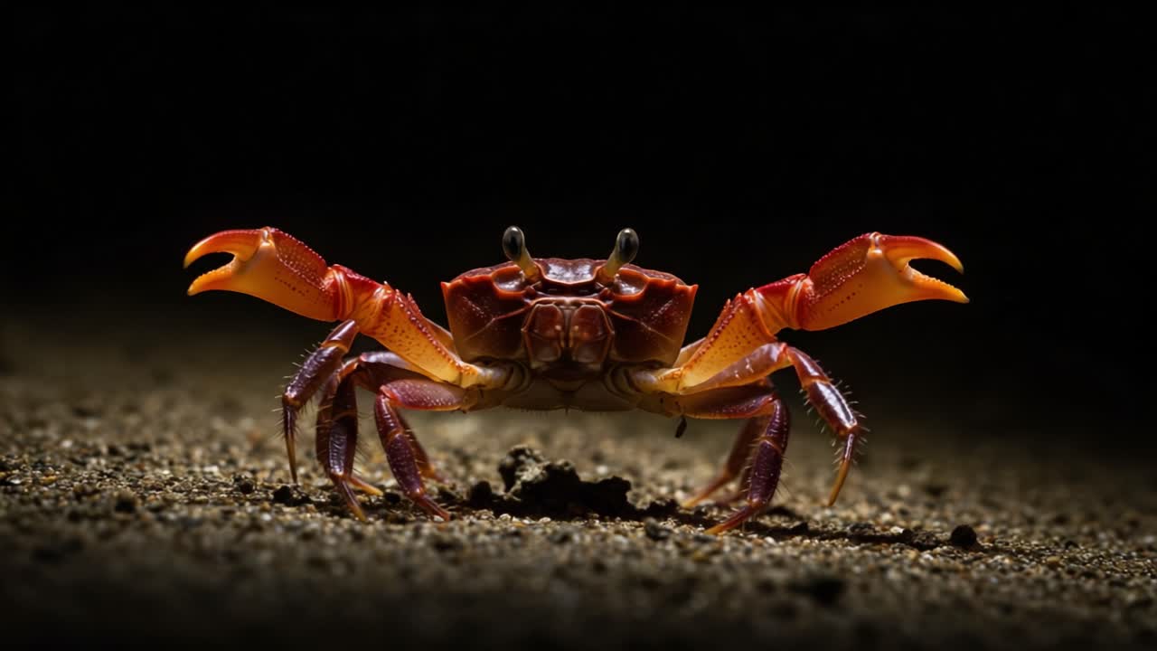 A Striking Close-Up of a Vibrant Crab in a Dark Environment, Capturing Its Unique Colors and Details as It Stands Defiantly on a Sandy Surface