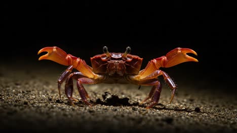 a striking close-up of a vibrant crab in a dark environment, capturing its unique colors and details as it stands defiantly on a sandy surface