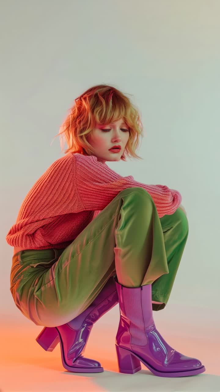 Stylish video concept featuring a young woman in vibrant attire, captured from a low angle