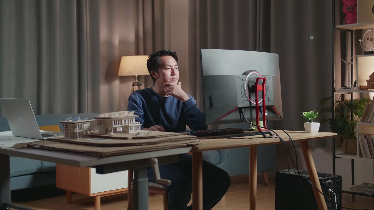 밤에 집에서 집 디자인 프로젝트를 하는 남자