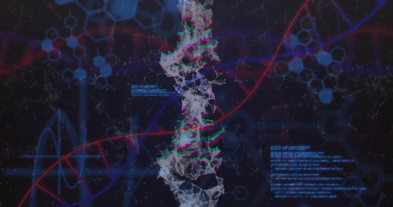 Upon mesh appearing and rotating while code overlays mapping data syncing with red-purple helix