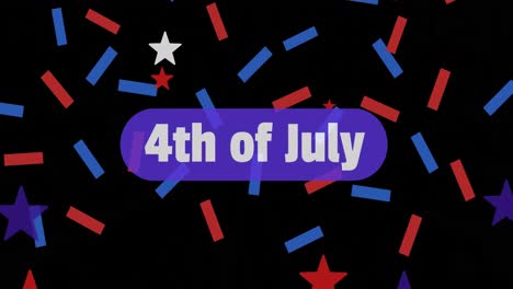 animation of 4th of july text and white, blue, red american stars and stripes on black background