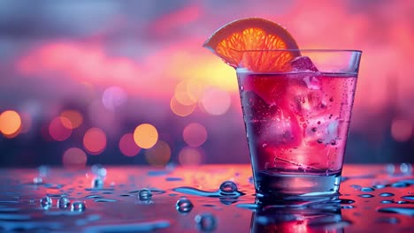 vibrant pink cocktail with orange slice and bokeh lights