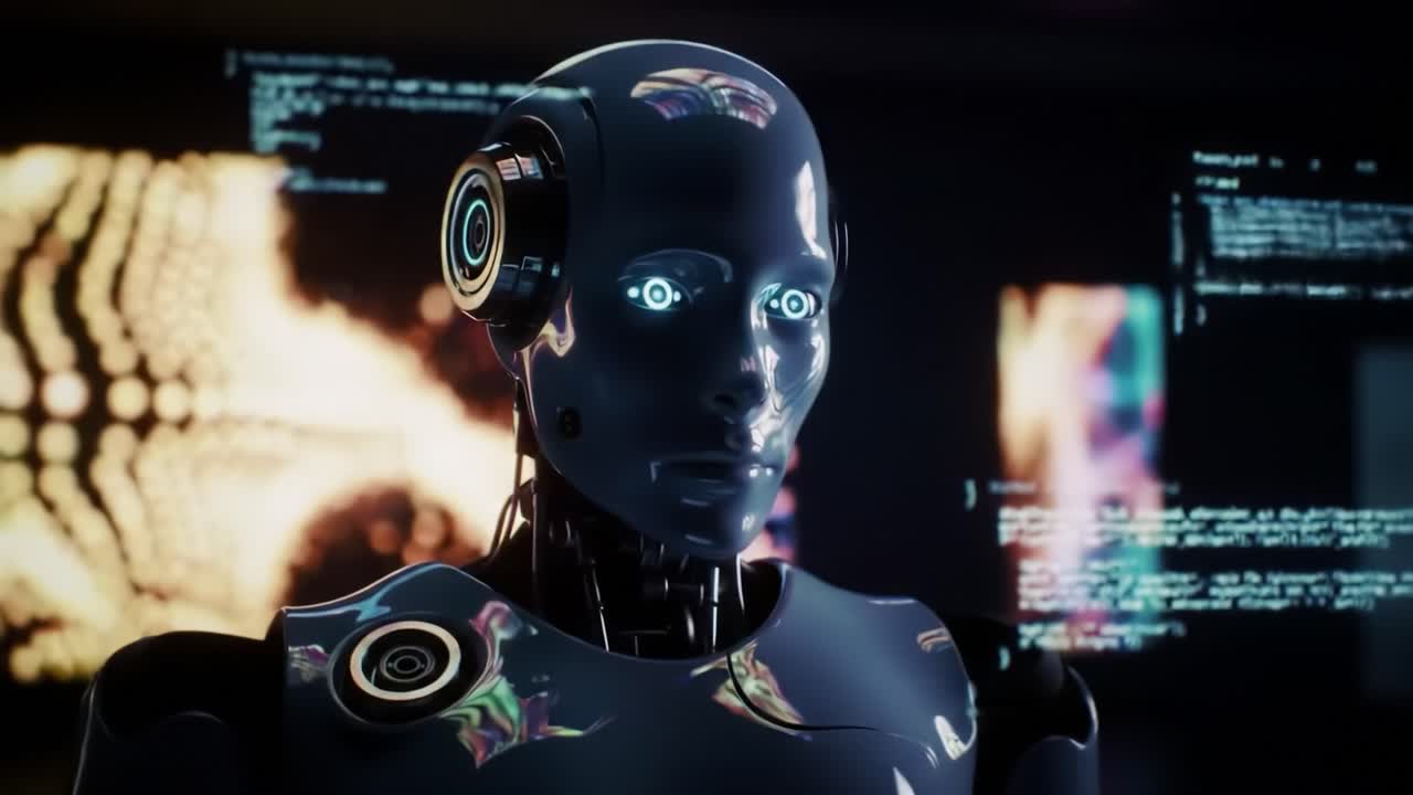 A humanoid robot interacts with a digital interface, displaying its advanced AI abilities in an innovation lab setting. The environment features glowing screens and code examples.