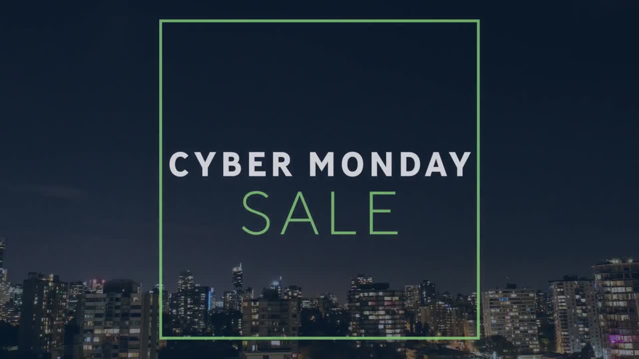 사이버 월요일의 애니메이션과 하늘을 배경으로 조명 된 건물 위의 광장에서 판매 텍스트