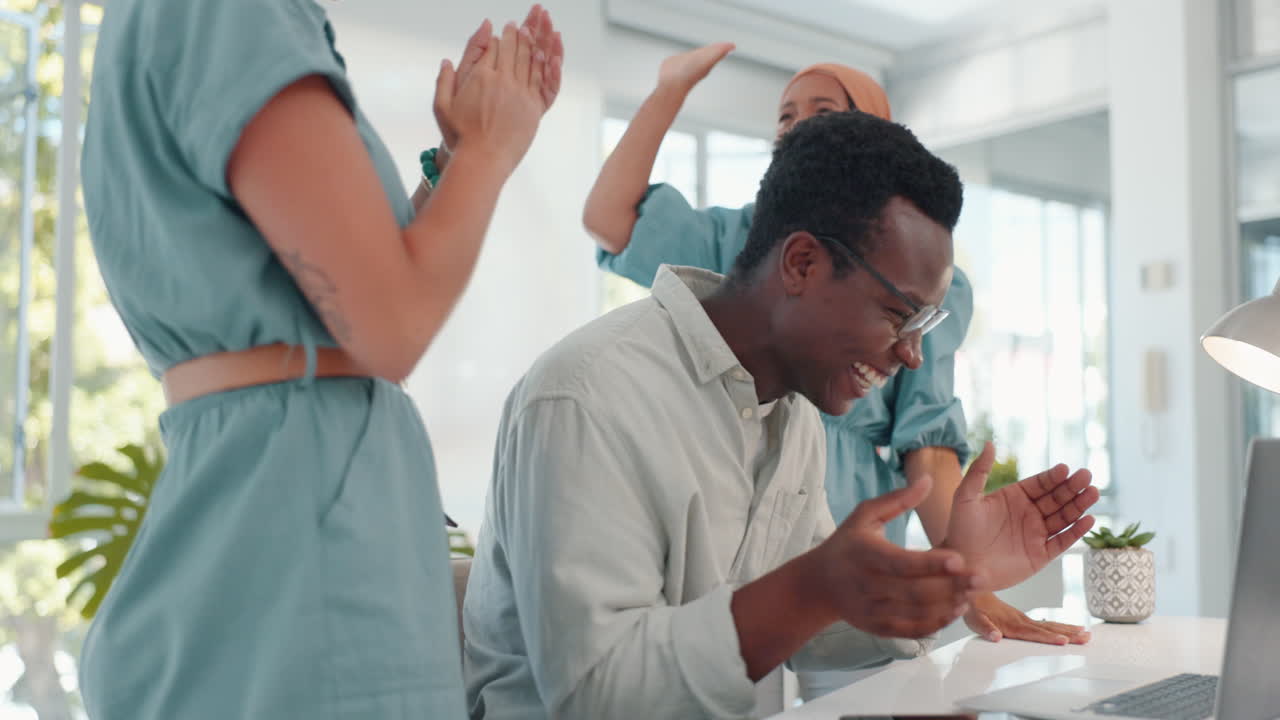 High five, success and excited business people