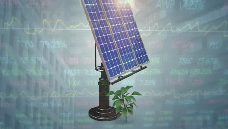 animación del procesamiento de datos financieros a través de paneles solares sobre fondo azul