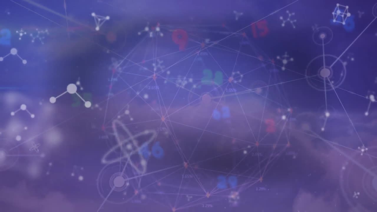 animación del procesamiento de datos a través de una red de conexiones sobre un fondo púrpura