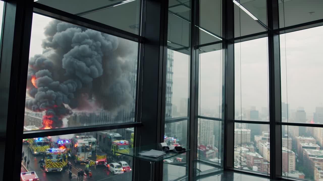 un hombre de negocios observando un incendio en la ciudad desde un edificio alto.