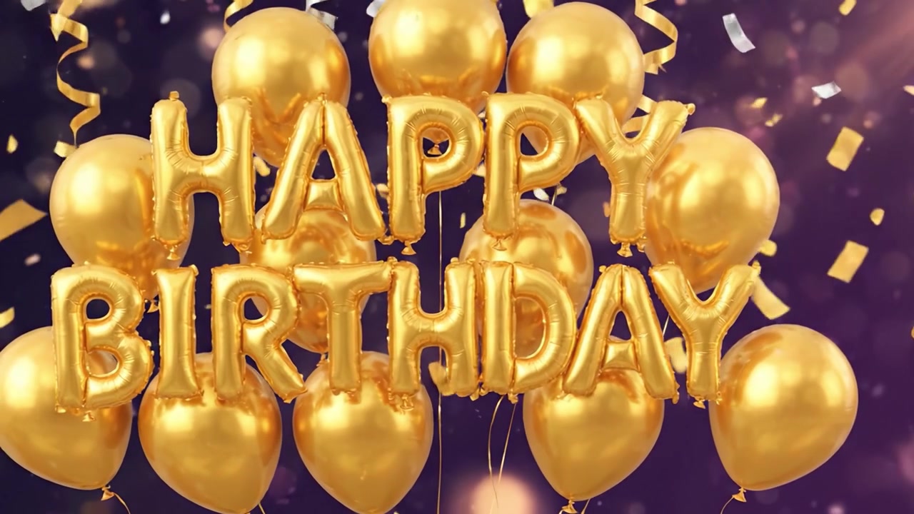 Una Celebrazione della Gioia: Palloncini Dorati Festivi e Coriandoli Scintillanti Illuminano una Scena di Buon Compleanno, Perfetta per Catturare Momenti di Gioia e Unione