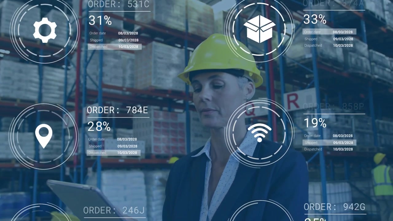 Manager scanning racks with tablet, tapping and updating HUD and order % managing logistics