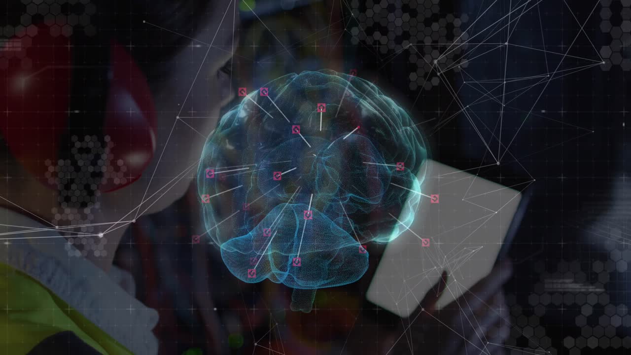 animación de conexiones y cerebro digital sobre mujer caucásica en la sala de servidores.