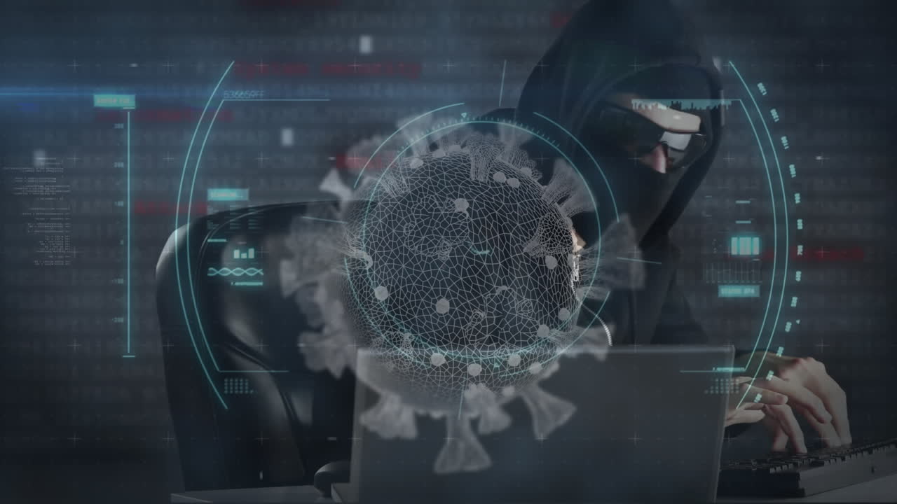animación de un hacker encapuchado con gafas sobre una célula macro coronavirus covid-19 analizada