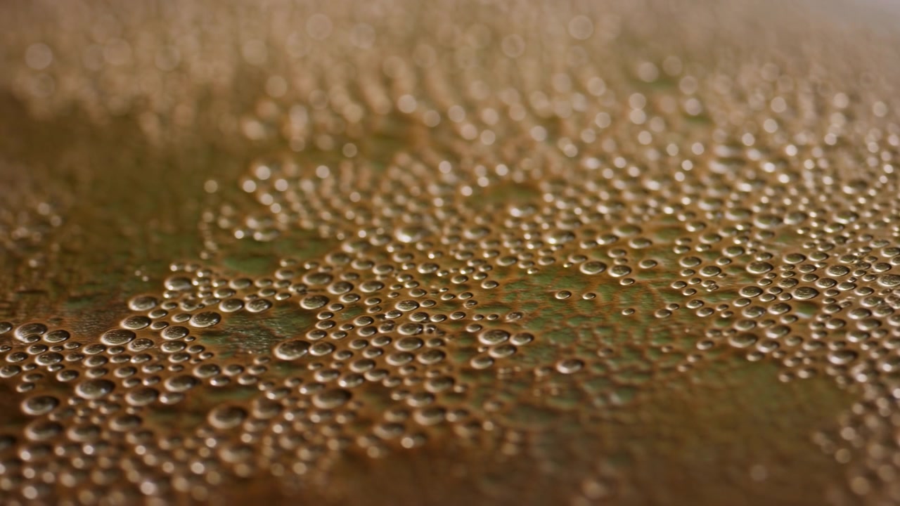 Campo denso di piccole goccioline d'acqua che riposano su una superficie orizzontale piatta, mostrato in primo piano con profondità di campo molto ridotta