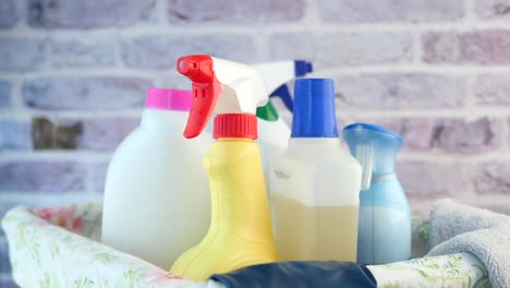 cleaning supplies in a basket