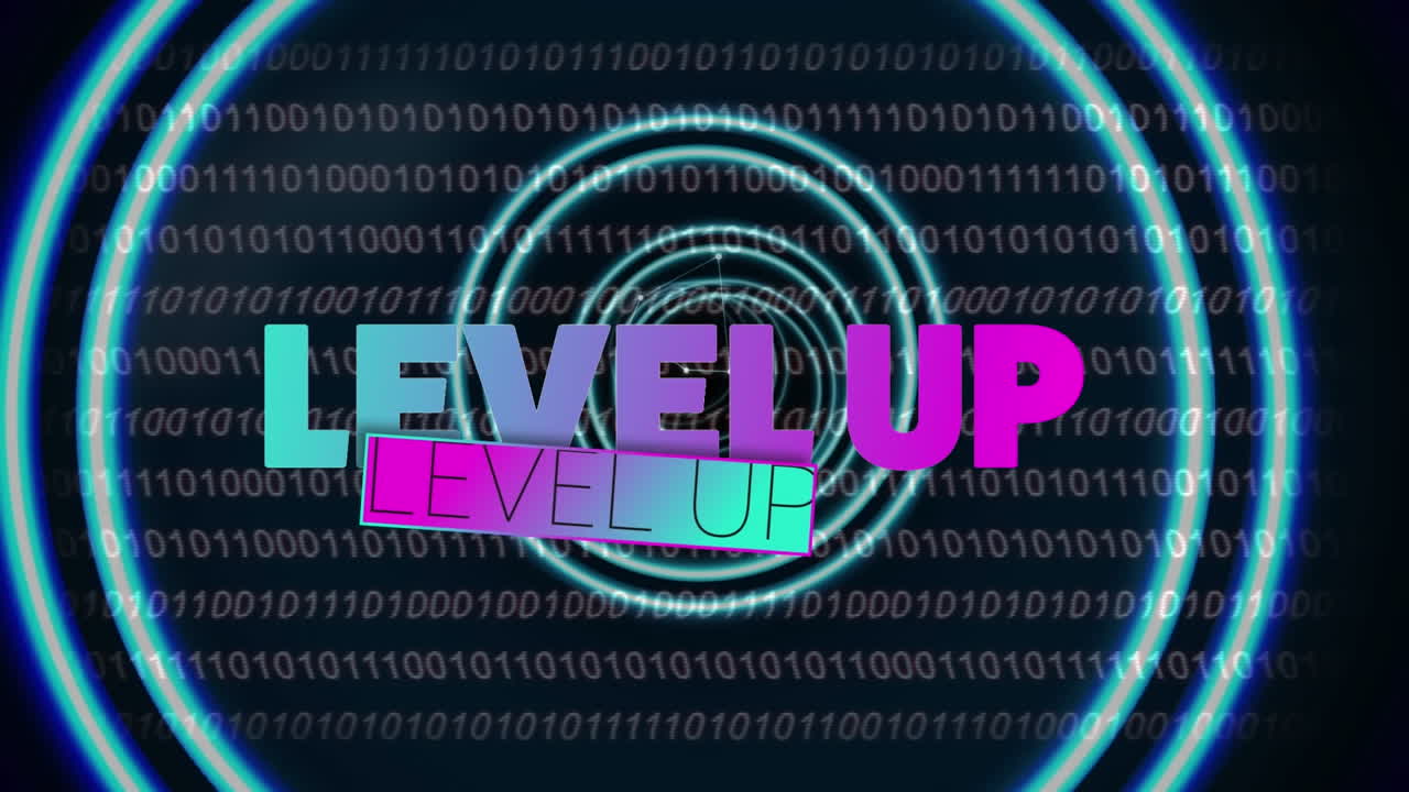 Animation of level up text over neon pattern and binary coding background