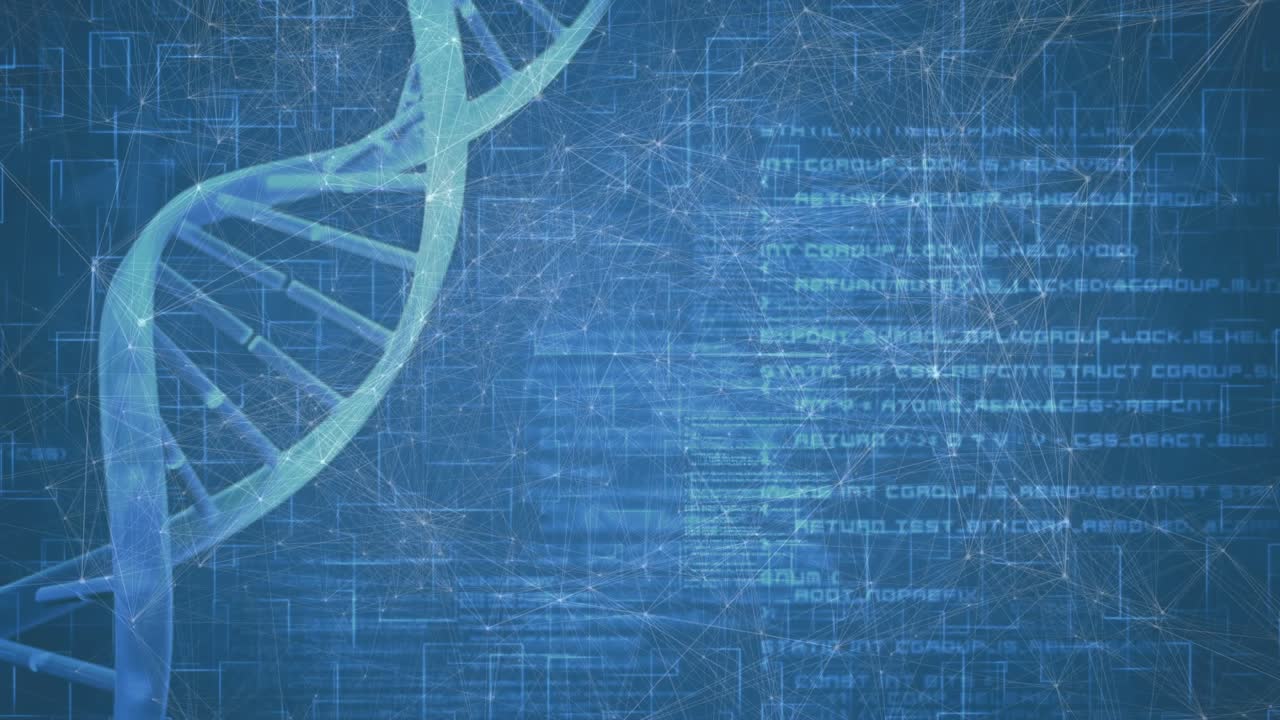 DNA helix rotating left, code fading and streaming, grid flickering, visualizing biotech data