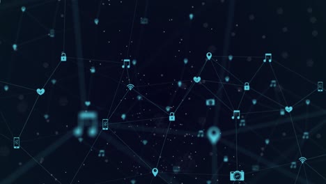 animation of network of connection and icons over blue background