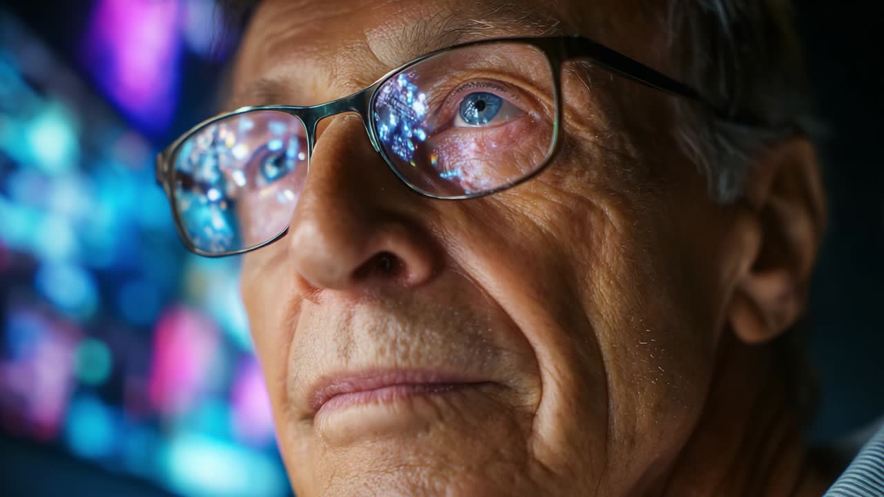 An Introspective Moment: A Close-Up of an Older Man Deep in Thought, Reflecting on Life While Observing Digital Displays, Highlighting Wisdom, Experience, and the Passage of Time