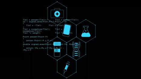 Animation-of-medical-icons-and-data-processing-on-black-background