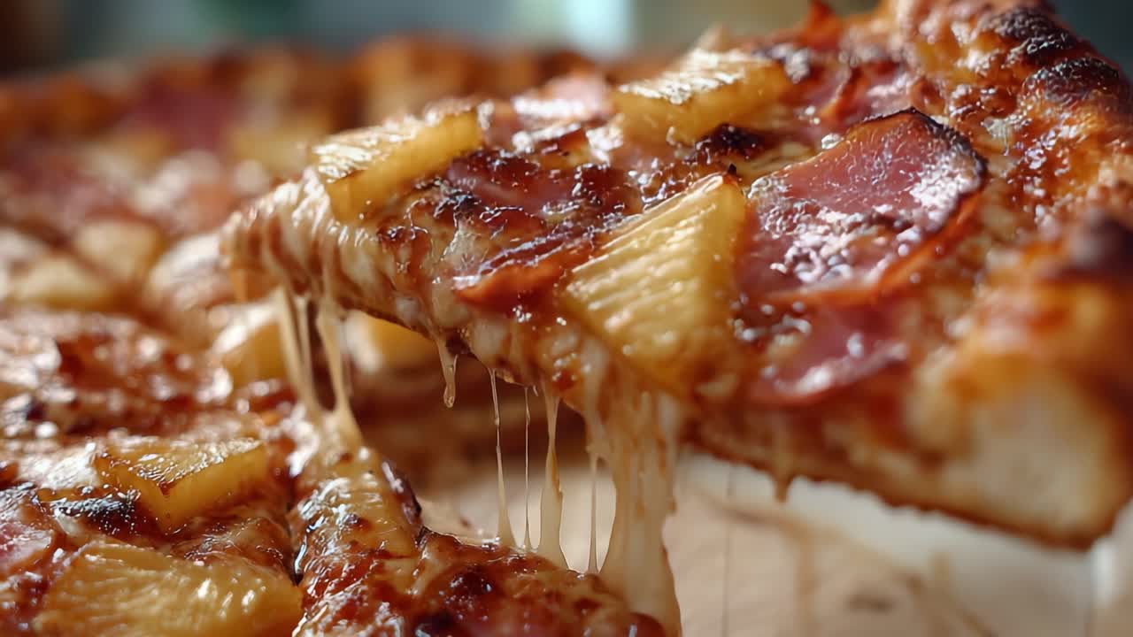 Pizza Deliciosamente Queijosa com Abacaxi e Presunto: Uma Vista em Close-Up Mostrando o Queijo Derretido Esticando da Fatia até a Base da Pizza