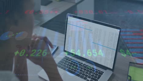 animación del procesamiento de datos financieros sobre la vista trasera de una mujer caucásica usando una computadora portátil en la oficina.