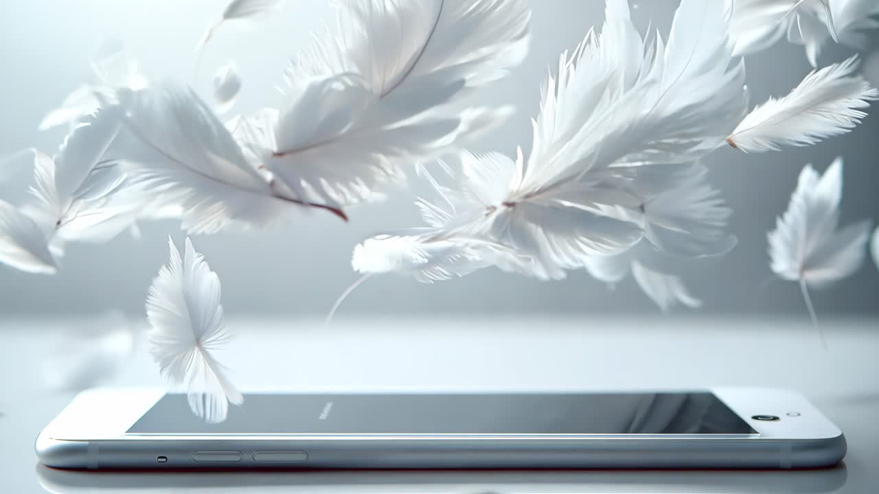 A white phone with feathers scattered around it. The feathers are in various sizes and are falling from different angles, creating a sense of movement and chaos. The scene evokes a feeling of disarray