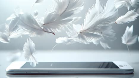 a white phone with feathers scattered around it. the feathers are in various sizes and are falling from different angles, creating a sense of movement and chaos. the scene evokes a feeling of disarray