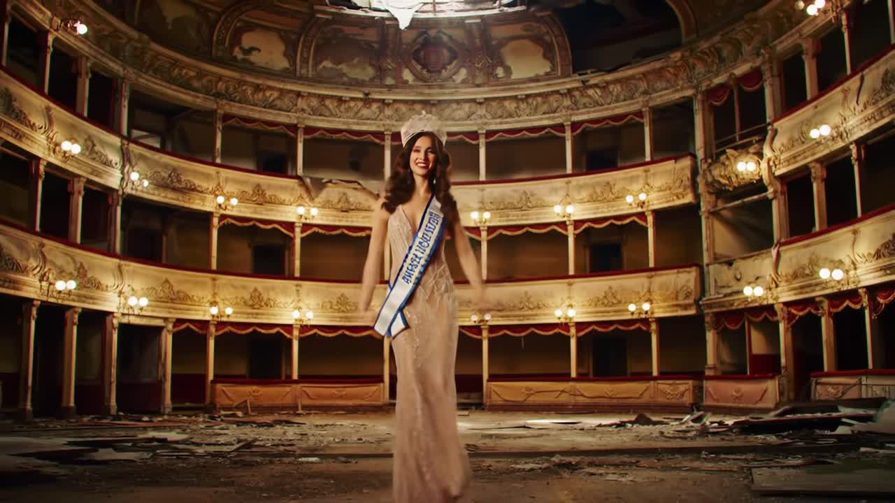 A radiant beauty in an elegant gown captivates the abandoned theater, showcasing grace and confidence as she walks through the enchanting yet dilapidated space