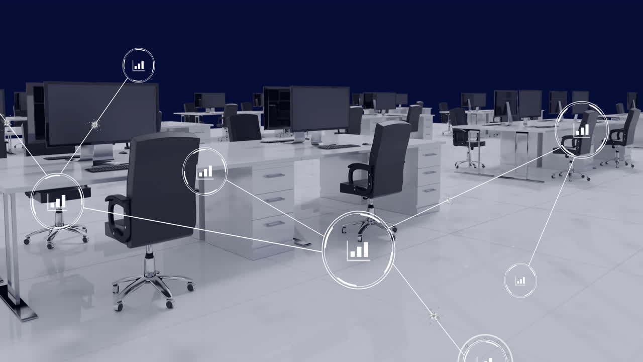 책상과 컴퓨터가 있는 사무실 인테리어 위에 아이콘으로 연결된 네트워크의 애니메이션