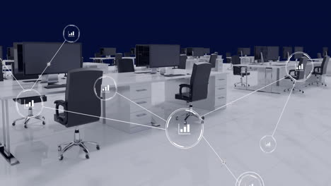 animation of network of conncetions with icons over office interior with desks and computers