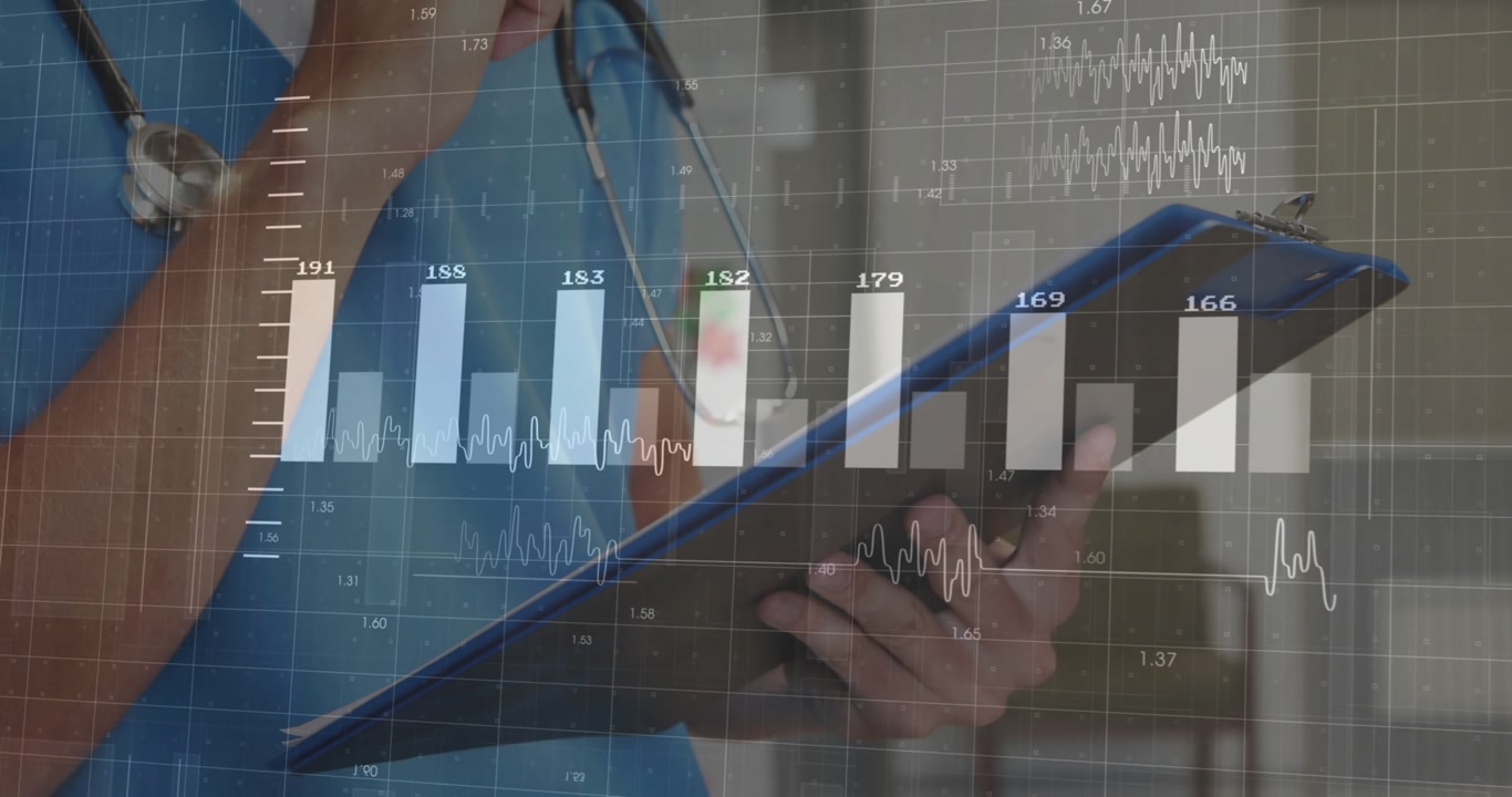 Clinician writing notes on clipboard, activating translucent bar chart overlay updating vital signs