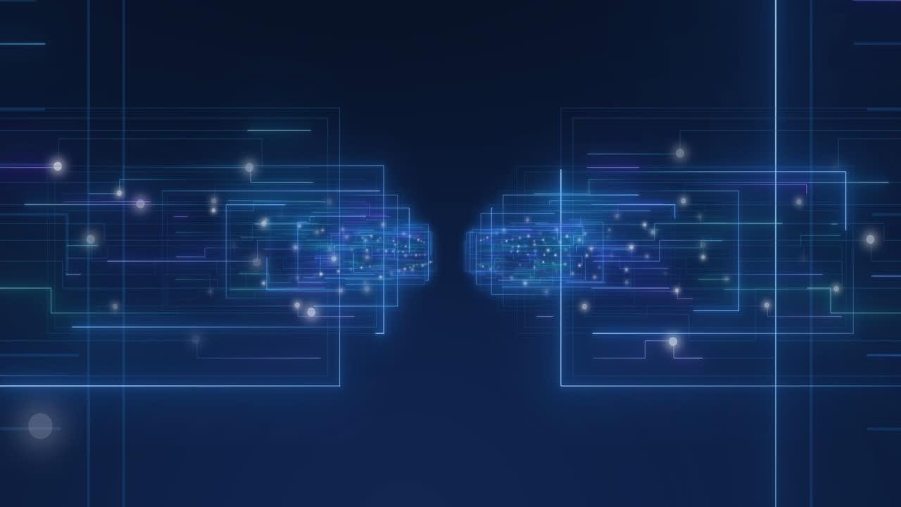 Animation of glowing light trails and data processing on blue background