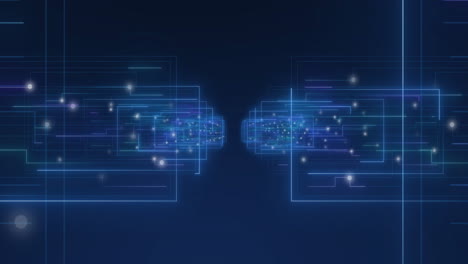 Animation of glowing light trails and data processing on blue background
