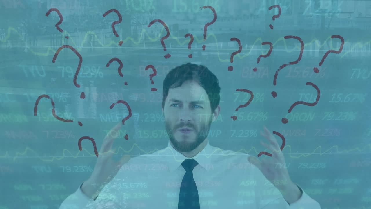 Animation of data processing and question marks over caucasian businessman thinking