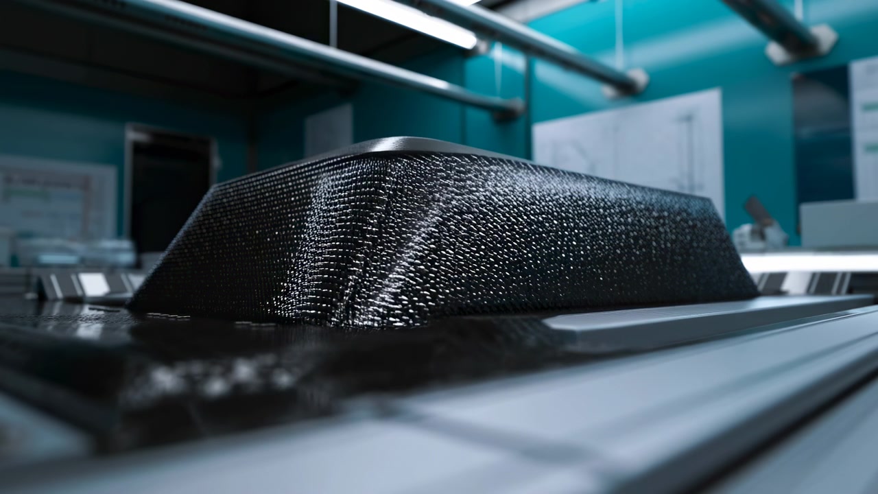 Low angle close view of textured metal component resting on industrial tabletop, with teal workshop setting softly blurred behind, cool industrial light, reflective surface, and precise mechanical