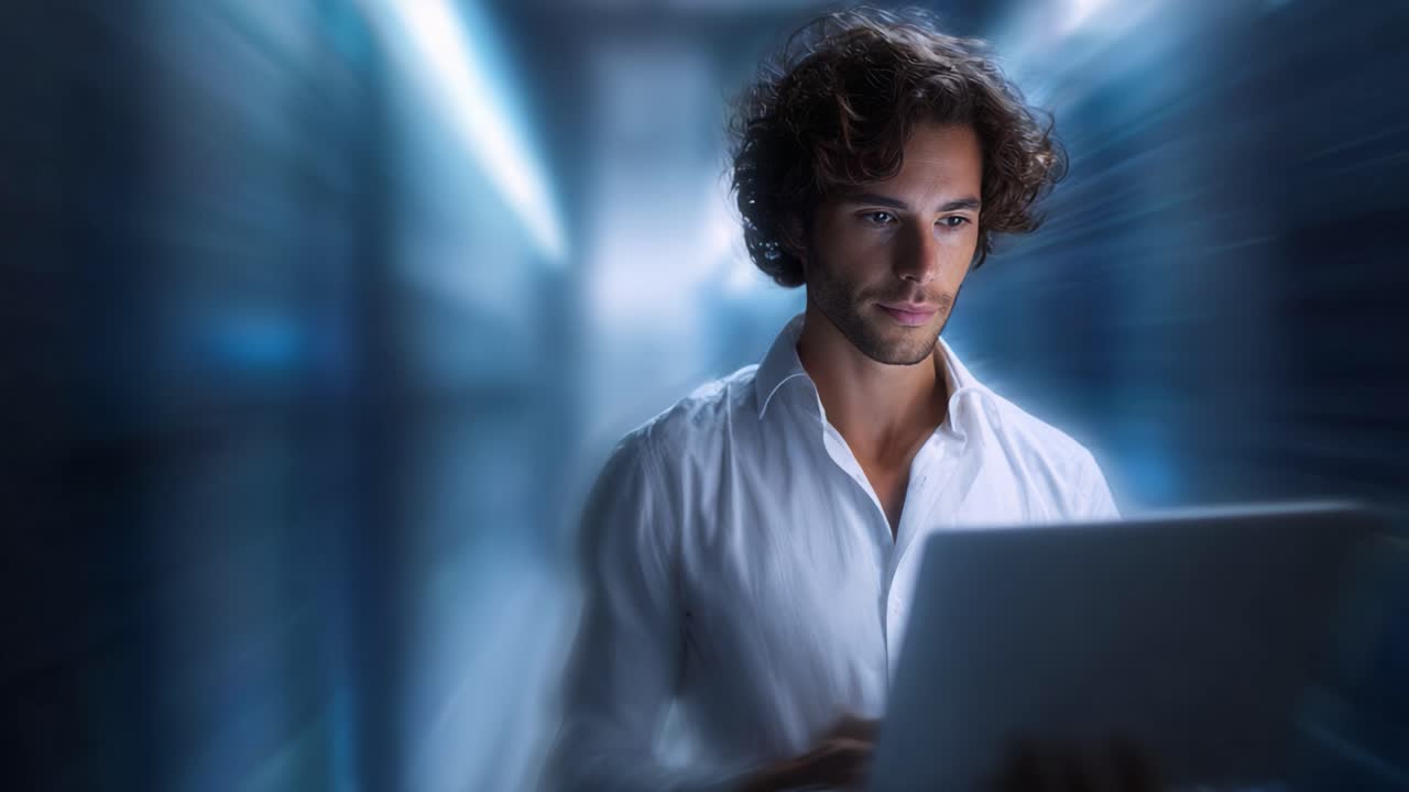 A focused individual in a white shirt operates a laptop, immersed in a digital blue-lit environment, showcasing a blend of technology and concentration