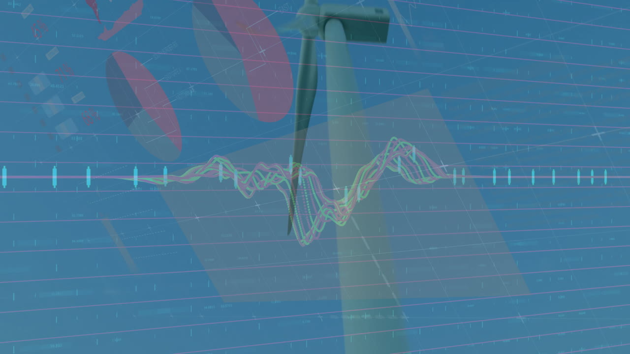 Wind turbine blade and hub rotating over animated infographic with candlestick and waveform charts