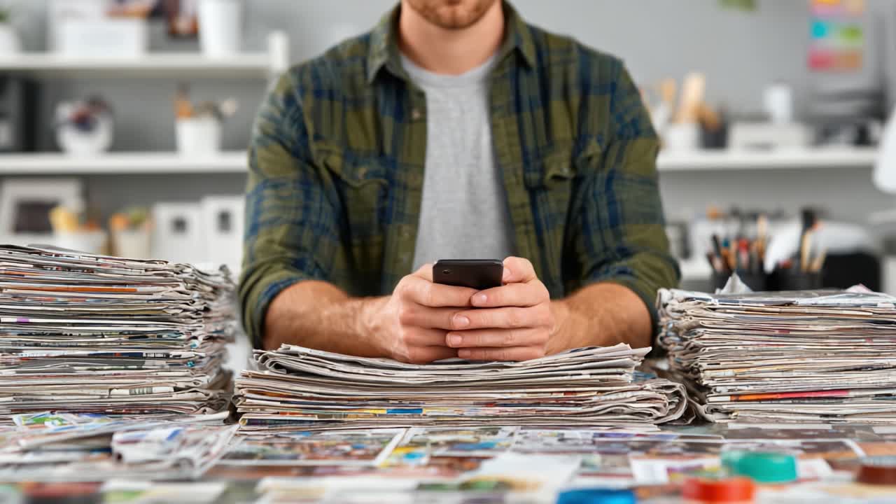Una persona leyendo noticias en su teléfono inteligente, rodeada de pilas de periódicos y revistas, destacando la intersección de los medios tradicionales y digitales