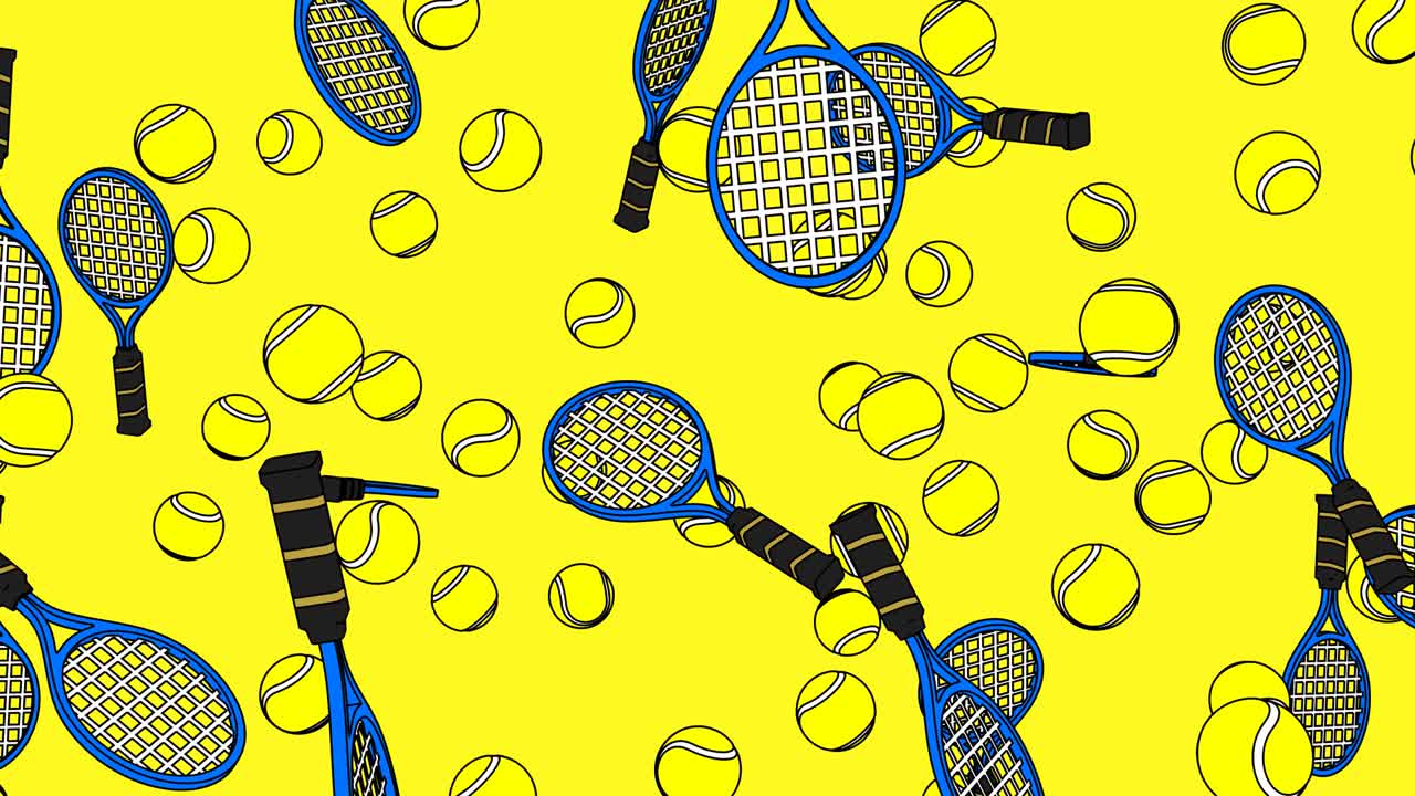 노란색 배경에 있는 테니스 공과 파란색 테니스 라켓입니다.