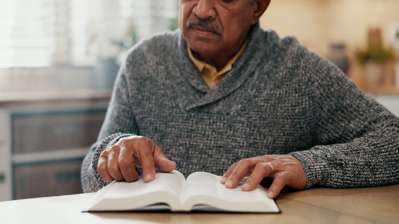 Elderly man, reading and bible study in home