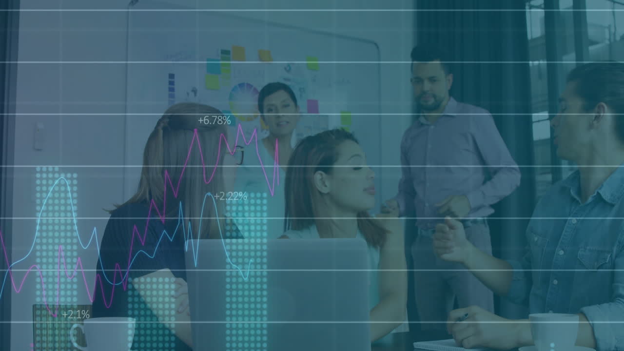 Financial data and stock market trends animation over business team in meeting