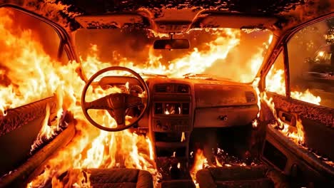 a car is engulfed by flames in the interior of a car