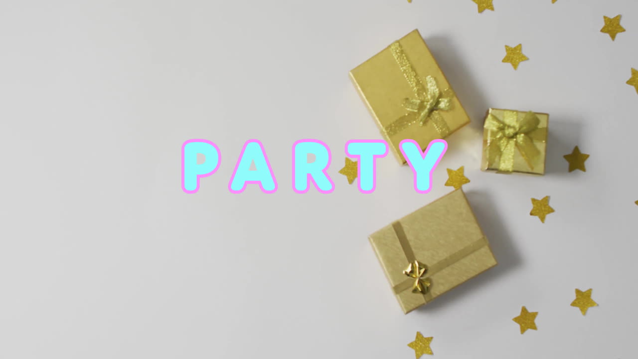 анимация партийного текста в синем над золотом упакованными подарками и звездами на белом фоне